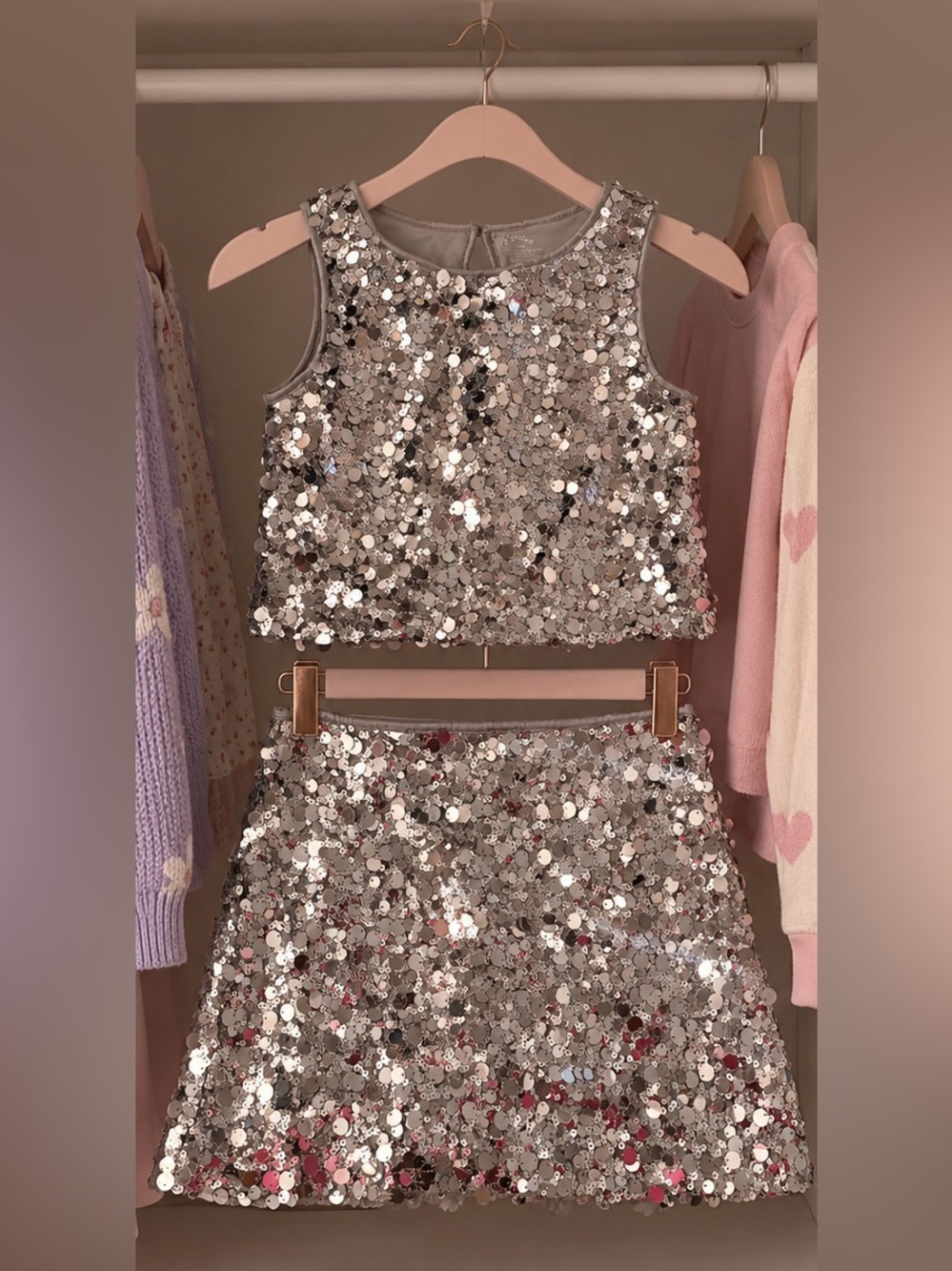 Girls Silver Sequin Crop Top & Skirt Set